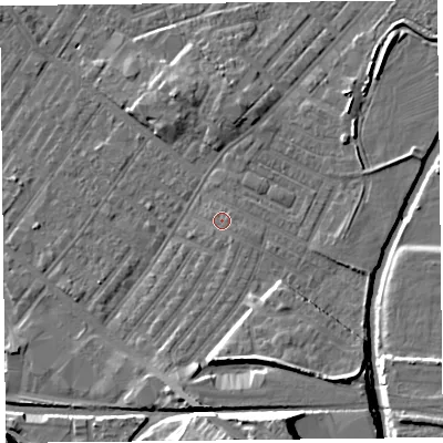 Shaded relief map of the ground around CA12LY, computed from Environment Agency LiDAR. The ground here sits at about 19 m above sea level and falls 16 m across the surrounding 800 m. Surface water reaching this point runs off ground lying to the south-east, 1.0 m higher.
