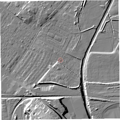 Shaded relief map of the ground around CA12LZ, computed from Environment Agency LiDAR. The ground here sits at about 19 m above sea level and falls 23 m across the surrounding 800 m. Surface water reaching this point runs off ground lying to the south-south-east, 6.3 m higher.