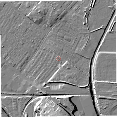 Shaded relief map of the ground around CA12NB, computed from Environment Agency LiDAR. The ground here sits at about 19 m above sea level and falls 22 m across the surrounding 800 m. Surface water reaching this point runs off ground lying to the south-east, 6.1 m higher.