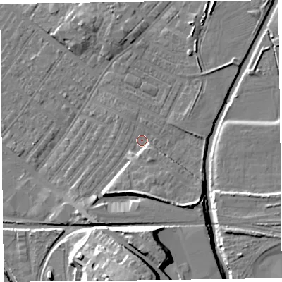 Shaded relief map of the ground around CA12NE, computed from Environment Agency LiDAR. The ground here sits at about 19 m above sea level and falls 23 m across the surrounding 800 m. Surface water reaching this point runs off ground lying to the south-south-east, 6.1 m higher.