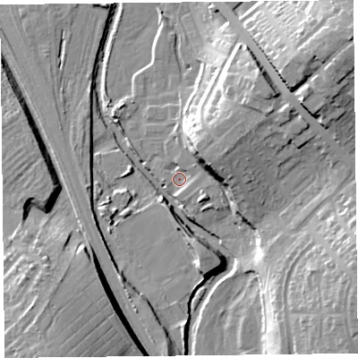 Shaded relief map of the ground around CA12NU, computed from Environment Agency LiDAR. The ground here sits at about 24 m above sea level and falls 27 m across the surrounding 800 m. Surface water reaching this point runs off ground lying to the east-north-east, 14.1 m higher.
