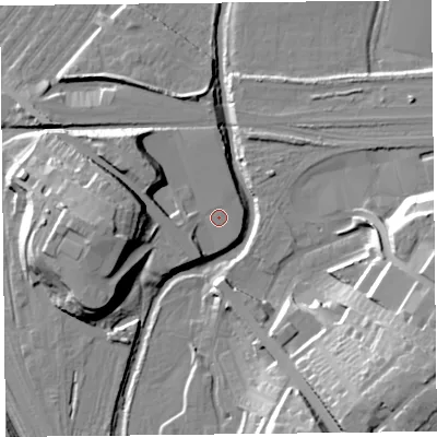 Shaded relief map of the ground around CA12PD, computed from Environment Agency LiDAR. The ground here sits at about 23 m above sea level and falls 29 m across the surrounding 800 m. Surface water reaching this point runs off ground lying to the west-south-west, 3.4 m higher.