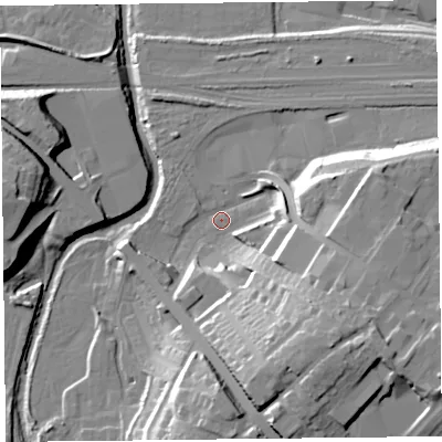 Shaded relief map of the ground around CA12PS, computed from Environment Agency LiDAR. The ground here sits at about 22 m above sea level and falls 28 m across the surrounding 800 m. Surface water reaching this point runs off ground lying to the south-east, 24.1 m higher.
