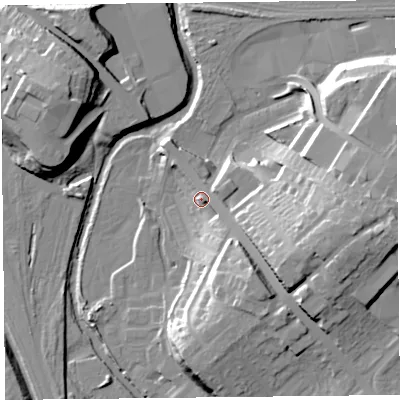 Shaded relief map of the ground around CA12PZ, computed from Environment Agency LiDAR. The ground here sits at about 26 m above sea level and falls 28 m across the surrounding 800 m. Surface water reaching this point runs off ground lying to the east-south-east, 17.2 m higher.