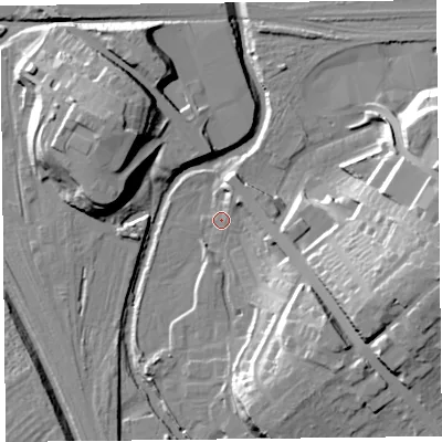 Shaded relief map of the ground around CA12QA, computed from Environment Agency LiDAR. The ground here sits at about 21 m above sea level and falls 28 m across the surrounding 800 m. Surface water reaching this point runs off ground lying to the east-south-east, 9.9 m higher.