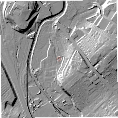 Shaded relief map of the ground around CA12QB, computed from Environment Agency LiDAR. The ground here sits at about 22 m above sea level and falls 27 m across the surrounding 800 m. Surface water reaching this point runs off ground lying to the south-south-east, 15.5 m higher.