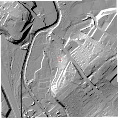 Shaded relief map of the ground around CA12QE, computed from Environment Agency LiDAR. The ground here sits at about 24 m above sea level and falls 28 m across the surrounding 800 m. Surface water reaching this point runs off ground lying to the south-east, 16.4 m higher.