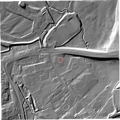 Shaded relief map of the ground around CA12RP, computed from Environment Agency LiDAR. The ground here sits at about 17 m above sea level and falls 17 m across the surrounding 800 m. Surface water reaching this point runs off ground lying to the south-east, 11.4 m higher.