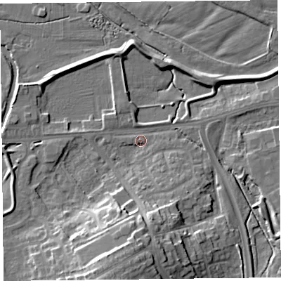 Shaded relief map of the ground around CA12RU, computed from Environment Agency LiDAR. The ground here sits at about 15 m above sea level and falls 17 m across the surrounding 800 m. Surface water reaching this point runs off ground lying to the south, 15.1 m higher.