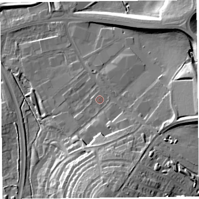 Shaded relief map of the ground around CA12RW, computed from Environment Agency LiDAR. The ground here sits at about 20 m above sea level and falls 24 m across the surrounding 800 m. Surface water reaching this point runs off ground lying to the south-south-east, 6.2 m higher.