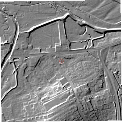 Shaded relief map of the ground around CA12RX, computed from Environment Agency LiDAR. The ground here sits at about 14 m above sea level and falls 17 m across the surrounding 800 m. Surface water reaching this point runs off ground lying to the south, 14.4 m higher.