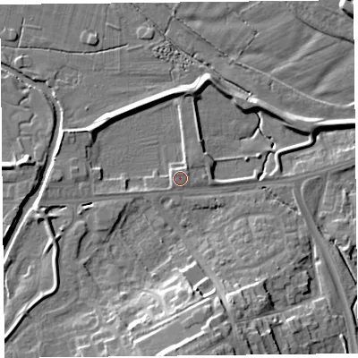 Shaded relief map of the ground around CA12RZ, computed from Environment Agency LiDAR. The ground here sits at about 15 m above sea level and falls 16 m across the surrounding 800 m. Surface water reaching this point runs off ground lying to the south, 16.0 m higher.