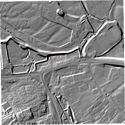 Shaded relief map of the ground around CA12SB, computed from Environment Agency LiDAR. The ground here sits at about 16 m above sea level and falls 15 m across the surrounding 800 m. Surface water reaching this point runs off ground lying to the south-south-west, 2.3 m higher.