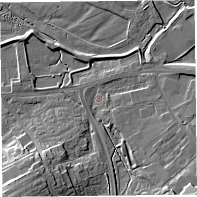 Shaded relief map of the ground around CA12SD, computed from Environment Agency LiDAR. The ground here sits at about 15 m above sea level and falls 17 m across the surrounding 800 m. Surface water reaching this point runs off ground lying to the south-east, 13.2 m higher.