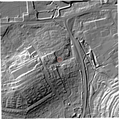 Shaded relief map of the ground around CA12SF, computed from Environment Agency LiDAR. The ground here sits at about 18 m above sea level and falls 21 m across the surrounding 800 m. Surface water reaching this point runs off ground lying to the south-west, 9.0 m higher.