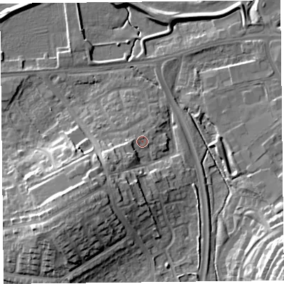Shaded relief map of the ground around CA12SG, computed from Environment Agency LiDAR. The ground here sits at about 18 m above sea level and falls 20 m across the surrounding 800 m. Surface water reaching this point runs off ground lying to the south-west, 7.2 m higher.