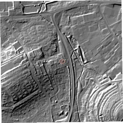 Shaded relief map of the ground around CA12SH, computed from Environment Agency LiDAR. The ground here sits at about 18 m above sea level and falls 25 m across the surrounding 800 m. Surface water reaching this point runs off ground lying to the south-west, 3.4 m higher.