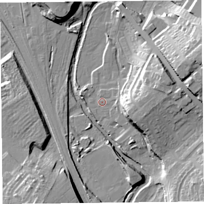 Shaded relief map of the ground around CA12SQ, computed from Environment Agency LiDAR. The ground here sits at about 24 m above sea level and falls 26 m across the surrounding 800 m. Surface water reaching this point runs off ground lying to the east-south-east, 13.2 m higher.