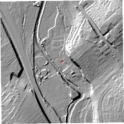 Shaded relief map of the ground around CA12SS, computed from Environment Agency LiDAR. The ground here sits at about 23 m above sea level and falls 27 m across the surrounding 800 m. Surface water reaching this point runs off ground lying to the east, 14.1 m higher.