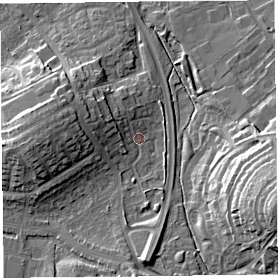 Shaded relief map of the ground around CA12TA, computed from Environment Agency LiDAR. The ground here sits at about 18 m above sea level and falls 23 m across the surrounding 800 m. Surface water reaching this point runs off ground lying to the west, 10.6 m higher.