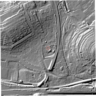 Shaded relief map of the ground around CA12TE, computed from Environment Agency LiDAR. The ground here sits at about 19 m above sea level and falls 22 m across the surrounding 800 m. Surface water reaching this point runs off ground lying to the south-south-east, 3.4 m higher.