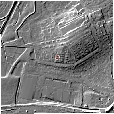 Shaded relief map of the ground around CA12TR, computed from Environment Agency LiDAR. The ground here sits at about 21 m above sea level and falls 17 m across the surrounding 800 m. Surface water reaching this point runs off ground lying to the north-east, 8.5 m higher.