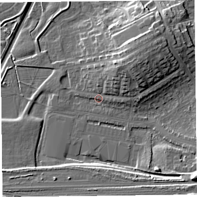 Shaded relief map of the ground around CA12TS, computed from Environment Agency LiDAR. The ground here sits at about 19 m above sea level and falls 17 m across the surrounding 800 m. Surface water reaching this point runs off ground lying to the north-east, 9.7 m higher.