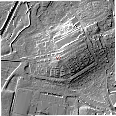 Shaded relief map of the ground around CA12TU, computed from Environment Agency LiDAR. The ground here sits at about 26 m above sea level and falls 15 m across the surrounding 800 m. Surface water reaching this point runs off ground lying to the east, 5.1 m higher.