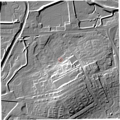 Shaded relief map of the ground around CA12UA, computed from Environment Agency LiDAR. The ground here sits at about 16 m above sea level and falls 17 m across the surrounding 800 m. Surface water reaching this point runs off ground lying to the south-east, 9.4 m higher.