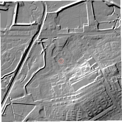 Shaded relief map of the ground around CA12UB, computed from Environment Agency LiDAR. The ground here sits at about 15 m above sea level and falls 17 m across the surrounding 800 m. Surface water reaching this point runs off ground lying to the south-south-east, 5.4 m higher.