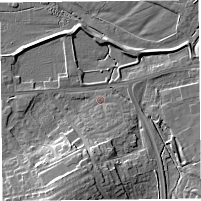 Shaded relief map of the ground around CA12UF, computed from Environment Agency LiDAR. The ground here sits at about 15 m above sea level and falls 17 m across the surrounding 800 m. Surface water reaching this point runs off ground lying to the south, 4.9 m higher.