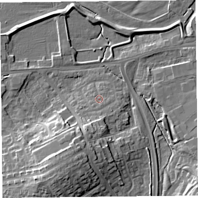 Shaded relief map of the ground around CA12UG, computed from Environment Agency LiDAR. The ground here sits at about 17 m above sea level and falls 17 m across the surrounding 800 m. Surface water reaching this point runs off ground lying to the south-south-east, 1.5 m higher.