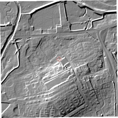 Shaded relief map of the ground around CA12UH, computed from Environment Agency LiDAR. The ground here sits at about 16 m above sea level and falls 17 m across the surrounding 800 m. Surface water reaching this point runs off ground lying to the south-south-east, 8.2 m higher.
