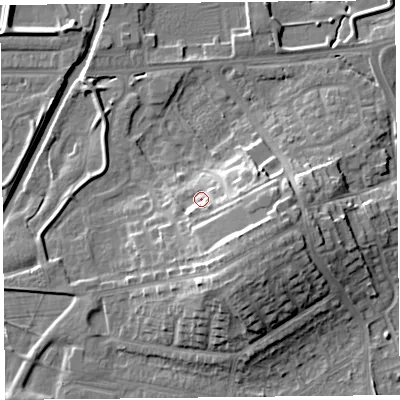 Shaded relief map of the ground around CA12UQ, computed from Environment Agency LiDAR. The ground here sits at about 19 m above sea level and falls 16 m across the surrounding 800 m. Surface water reaching this point runs off ground lying to the south-east, 10.0 m higher.