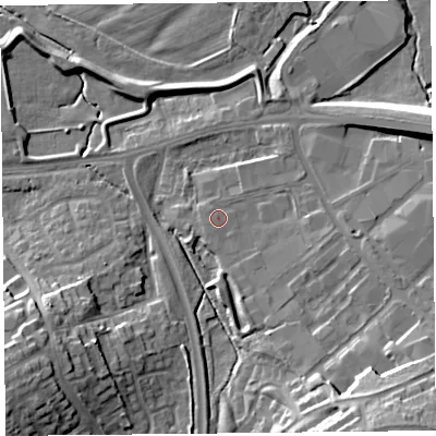 Shaded relief map of the ground around CA12UR, computed from Environment Agency LiDAR. The ground here sits at about 17 m above sea level and falls 19 m across the surrounding 800 m. Surface water reaching this point runs off ground lying to the east-south-east, 2.6 m higher.