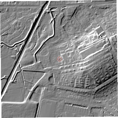 Shaded relief map of the ground around CA12WD, computed from Environment Agency LiDAR. The ground here sits at about 17 m above sea level and falls 15 m across the surrounding 800 m. Surface water reaching this point runs off ground lying to the east-south-east, 2.8 m higher.