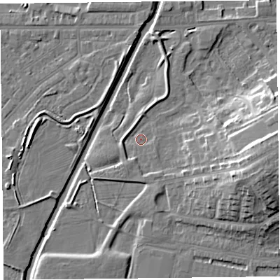 Shaded relief map of the ground around CA12WE, computed from Environment Agency LiDAR. The ground here sits at about 16 m above sea level and falls 15 m across the surrounding 800 m. Surface water reaching this point runs off ground lying to the south, 2.1 m higher.