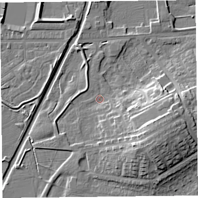 Shaded relief map of the ground around CA12WF, computed from Environment Agency LiDAR. The ground here sits at about 16 m above sea level and falls 16 m across the surrounding 800 m. Surface water reaching this point runs off ground lying to the south-east, 12.9 m higher.