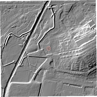 Shaded relief map of the ground around CA12WG, computed from Environment Agency LiDAR. The ground here sits at about 17 m above sea level and falls 15 m across the surrounding 800 m. Surface water reaching this point runs off ground lying to the south-south-east, 1.3 m higher.