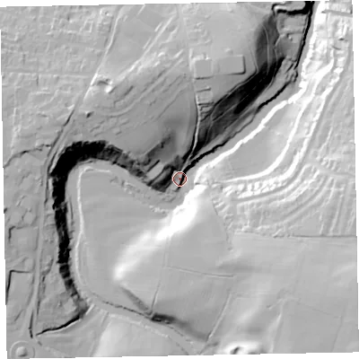 Shaded relief map of the ground around CA130DS, computed from Environment Agency LiDAR. The ground here sits at about 52 m above sea level and falls 44 m across the surrounding 800 m. Surface water reaching this point runs off ground lying to the east-south-east, 40.6 m higher.