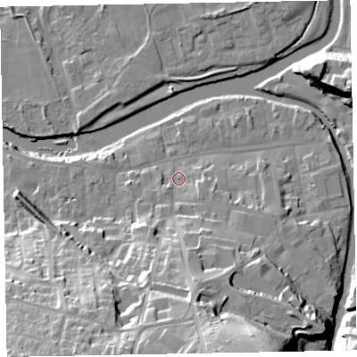 Shaded relief map of the ground around CA130EG, computed from Environment Agency LiDAR. The ground here sits at about 45 m above sea level and falls 36 m across the surrounding 800 m. Surface water reaching this point runs off ground lying to the south-south-east, 30.9 m higher.