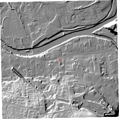 Shaded relief map of the ground around CA130EH, computed from Environment Agency LiDAR. The ground here sits at about 44 m above sea level and falls 34 m across the surrounding 800 m. Surface water reaching this point runs off ground lying to the south, 9.1 m higher.