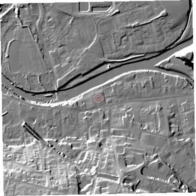 Shaded relief map of the ground around CA130EJ, computed from Environment Agency LiDAR. The ground here sits at about 44 m above sea level and falls 31 m across the surrounding 800 m. Surface water reaching this point runs off ground lying to the south-south-west, 0.7 m higher.