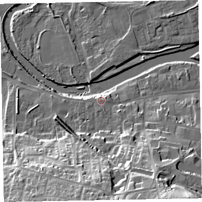 Shaded relief map of the ground around CA130EX, computed from Environment Agency LiDAR. The ground here sits at about 46 m above sea level and falls 34 m across the surrounding 800 m. Surface water reaching this point runs off ground lying to the south-south-west, 1.3 m higher.