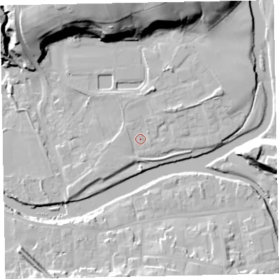 Shaded relief map of the ground around CA130HG, computed from Environment Agency LiDAR. The ground here sits at about 44 m above sea level and falls 29 m across the surrounding 800 m. Surface water reaching this point runs off ground lying to the north-east, 3.0 m higher.