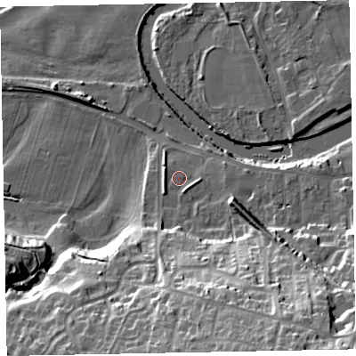Shaded relief map of the ground around CA130HH, computed from Environment Agency LiDAR. The ground here sits at about 44 m above sea level and falls 34 m across the surrounding 800 m. Surface water reaching this point runs off ground lying to the south-south-east, 27.7 m higher.