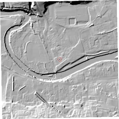 Shaded relief map of the ground around CA130HP, computed from Environment Agency LiDAR. The ground here sits at about 43 m above sea level and falls 21 m across the surrounding 800 m. Surface water reaching this point runs off ground lying to the east-north-east, 1.7 m higher.
