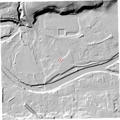 Shaded relief map of the ground around CA130HR, computed from Environment Agency LiDAR. The ground here sits at about 44 m above sea level and falls 28 m across the surrounding 800 m. The ground contributing surface water to this point lies to the south-south-east.