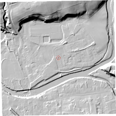 Shaded relief map of the ground around CA130HS, computed from Environment Agency LiDAR. The ground here sits at about 44 m above sea level and falls 31 m across the surrounding 800 m. Surface water reaching this point runs off ground lying to the south-south-west, 1.3 m higher.