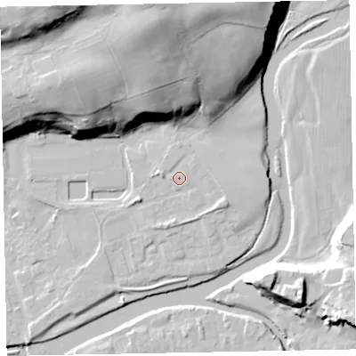 Shaded relief map of the ground around CA130HT, computed from Environment Agency LiDAR. The ground here sits at about 45 m above sea level and falls 41 m across the surrounding 800 m. Surface water reaching this point runs off ground lying to the west, 1.4 m higher.